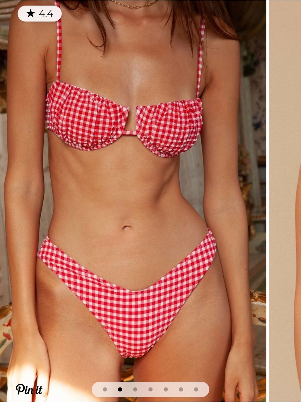 MONTCE RED MICRO GINGHAM PETAL BIKINI TOP & ADDED COVERAGE LULU BOTTOMS, SIZE M - Picture 2 of 11